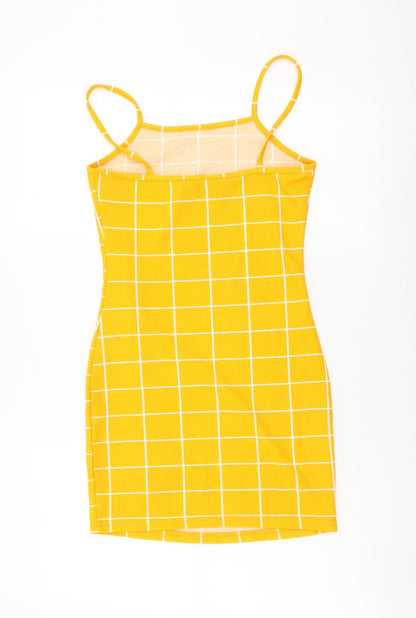 SHEIN Womens Yellow Check Polyester Mini Size XS Square Neck Pullover