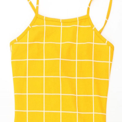 SHEIN Womens Yellow Check Polyester Mini Size XS Square Neck Pullover