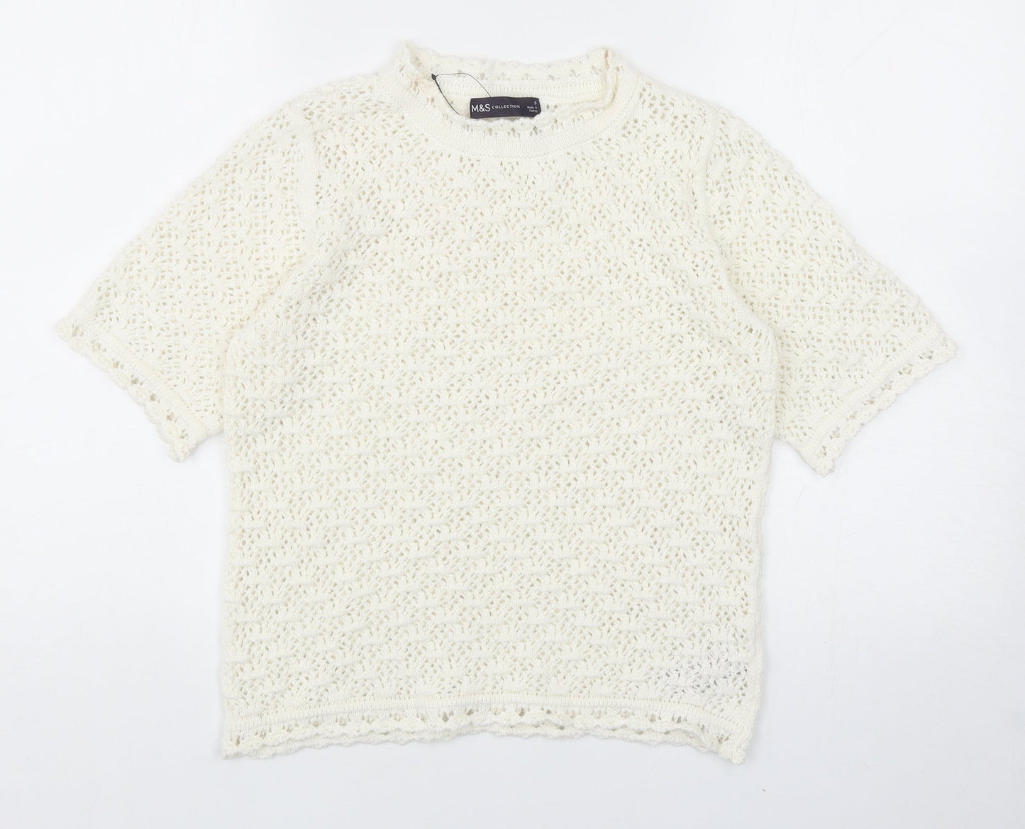 Marks and Spencer Womens White Round Neck Cotton Pullover Jumper Size S