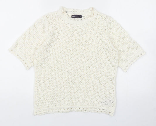 Marks and Spencer Womens White Round Neck Cotton Pullover Jumper Size S