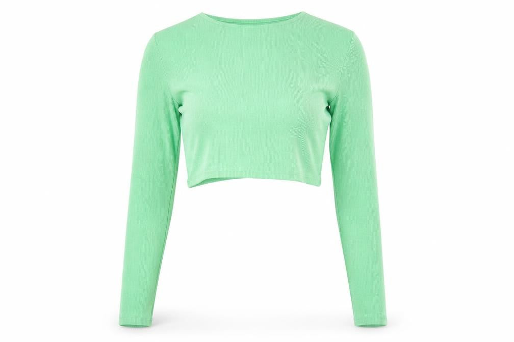 PRETTYLITTLETHING Womens Green Polyester Cropped Blouse Size 8 Round Neck
