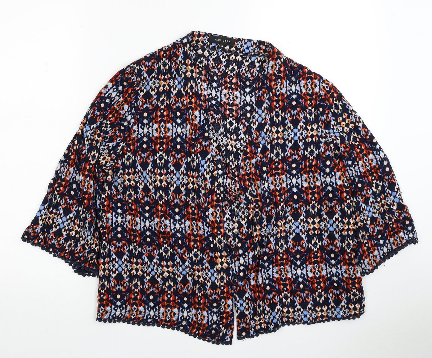 New Look Womens Multicoloured Geometric Viscose Basic Button-Up Size 14 Round Neck
