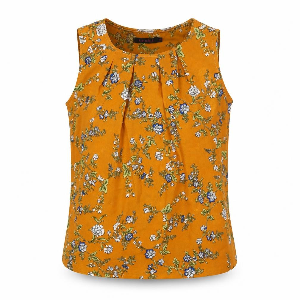 TENKI Womens Orange Floral Polyester Basic Blouse Size L Scoop Neck