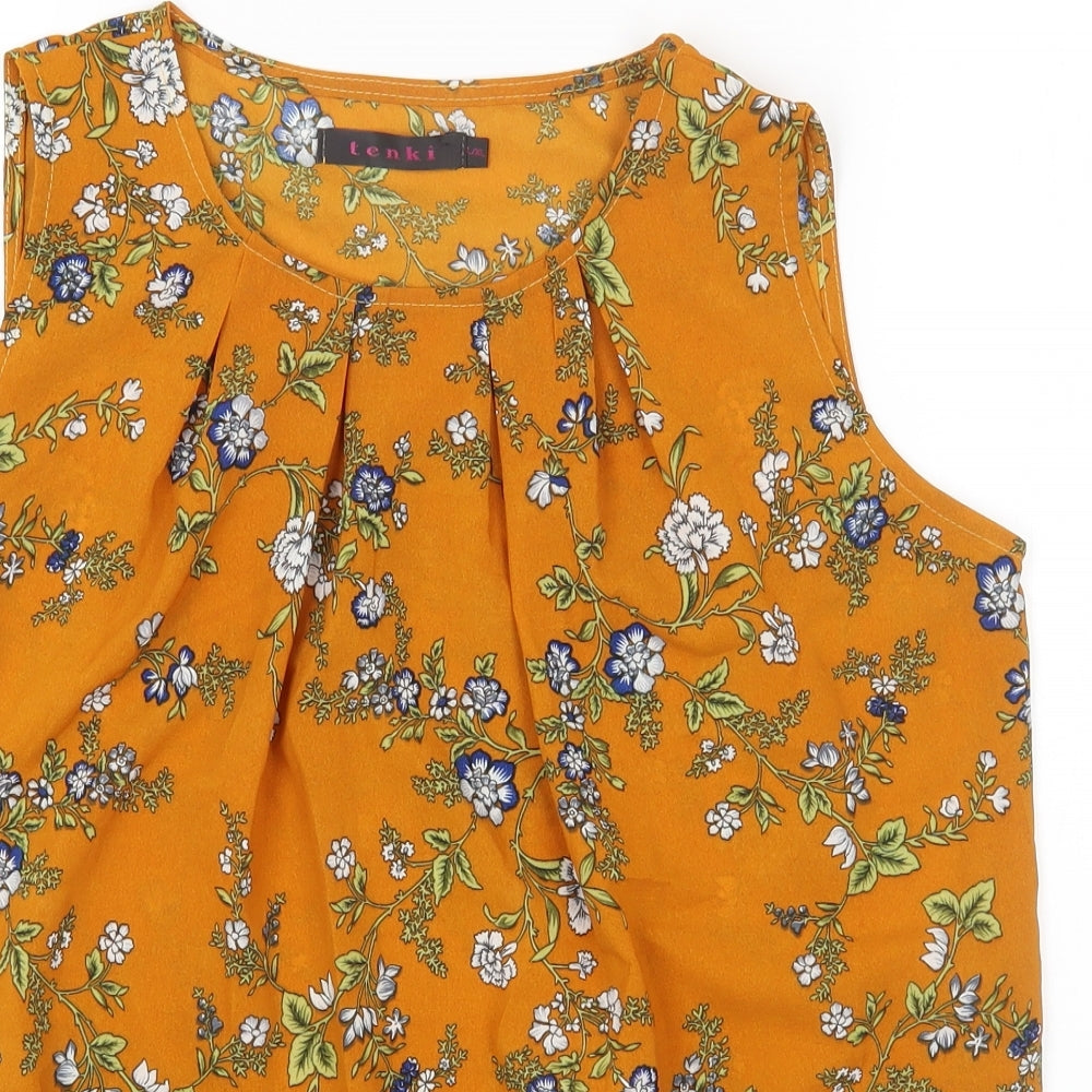 TENKI Womens Orange Floral Polyester Basic Blouse Size L Scoop Neck