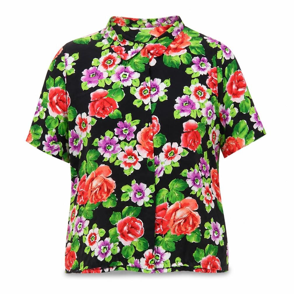 Gina Womens Black Floral Polyester Basic Button-Up Size 16 Collared