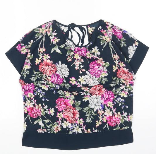 Marks and Spencer Womens Blue Floral Polyester Basic Blouse Size 6 Round Neck