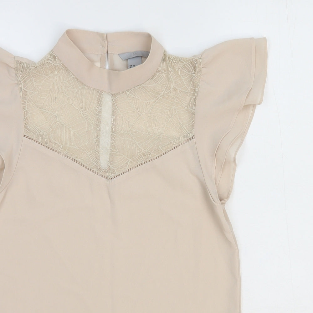 H&M Womens Beige Polyester Basic Blouse Size 4 Round Neck