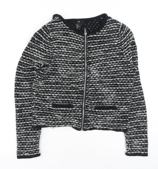 H&M Womens Black Round Neck Geometric Cotton Full Zip Jumper Size S