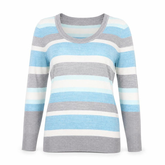 Tu Womens Blue Scoop Neck Striped Acrylic Pullover Jumper Size 8