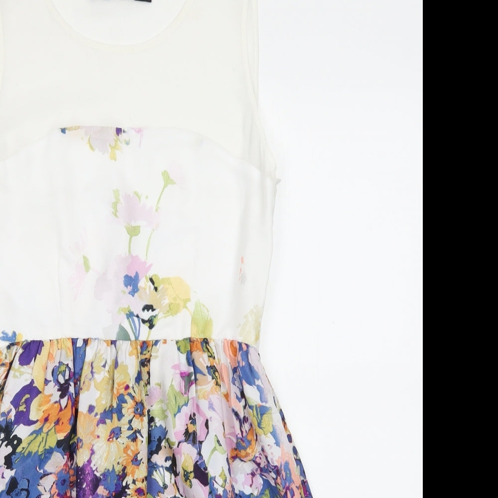 Zara Womens Blue Floral Polyester Fit & Flare Size XS Boat Neck Zip