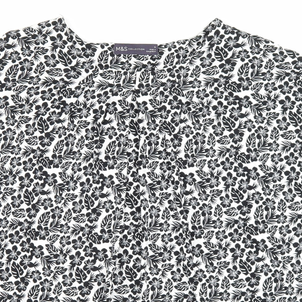 Marks and Spencer Womens Black Floral Viscose Basic T-Shirt Size 10 Boat Neck