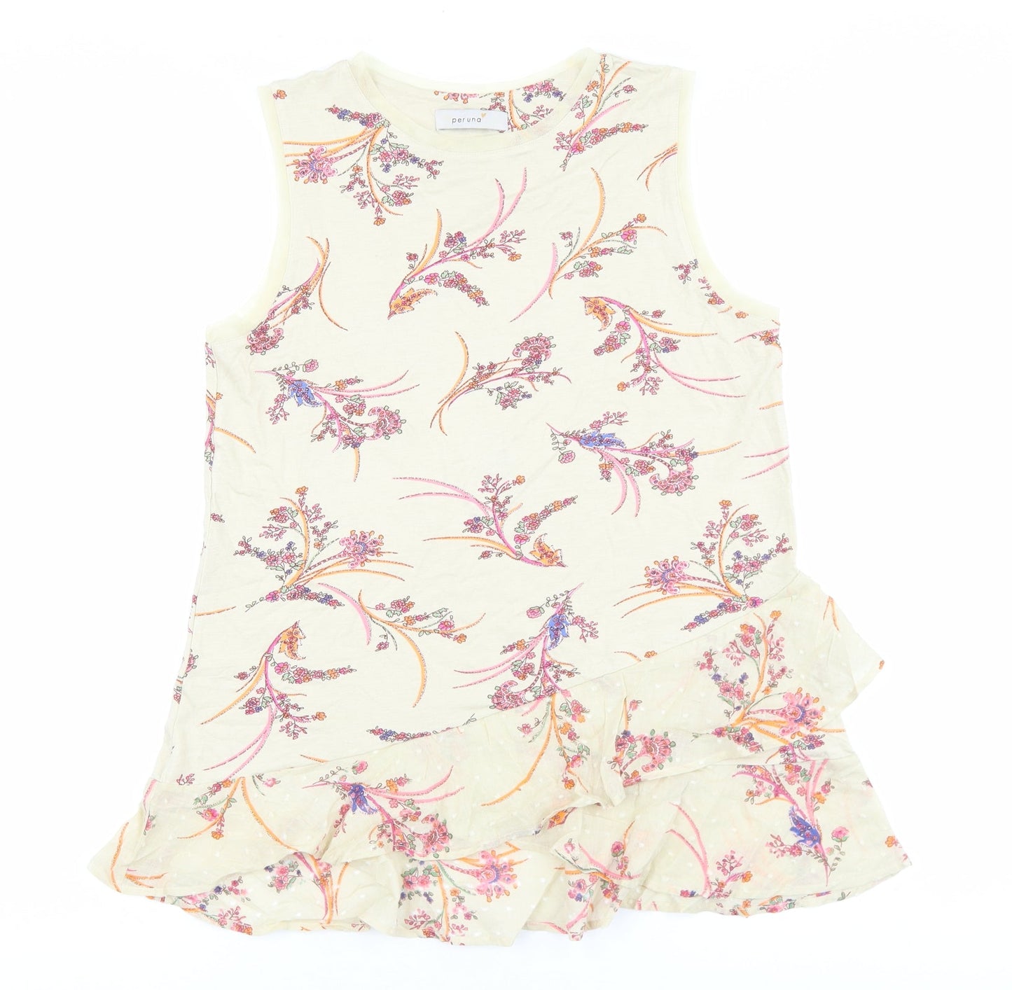 Marks and Spencer Womens Beige Floral 100% Cotton Basic Tank Size 8 Boat Neck