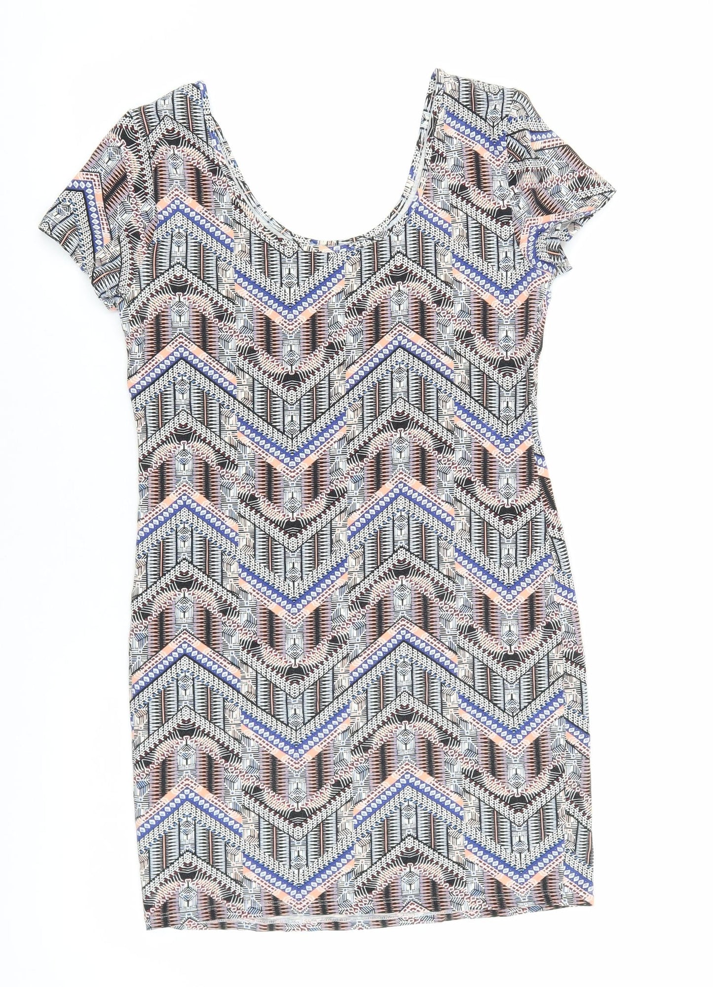 New Look Womens Multicoloured Geometric Cotton Shift Size 14 Scoop Neck Pullover