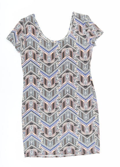 New Look Womens Multicoloured Geometric Cotton Shift Size 14 Scoop Neck Pullover