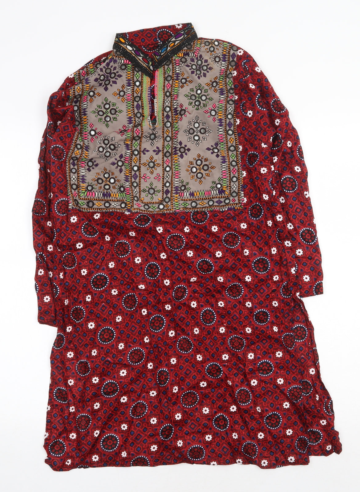 Preworn Womens Red Geometric Polyester Tunic Blouse Size 6 Round Neck - Side Slits