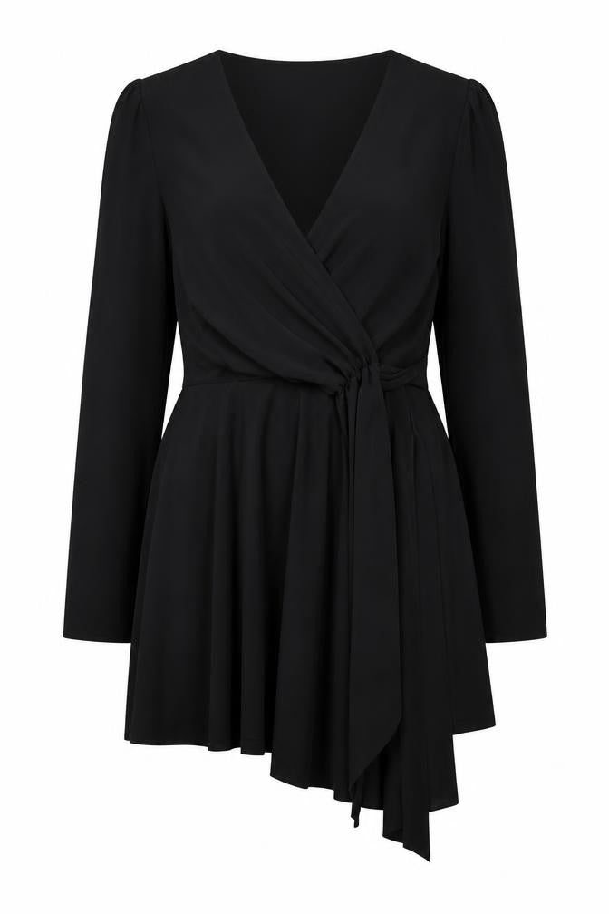 Woman Womens Black Polyester Skater Dress Size 10 V-Neck Tie
