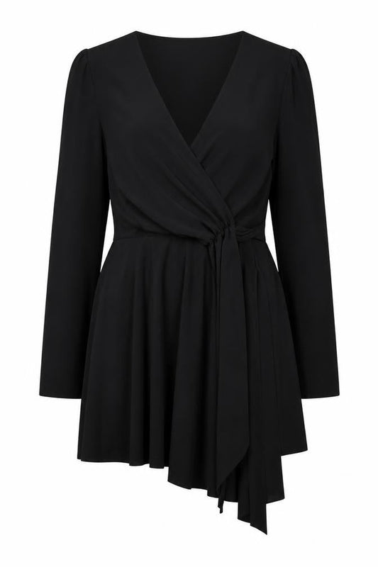 Woman Womens Black Polyester Skater Dress Size 10 V-Neck Tie