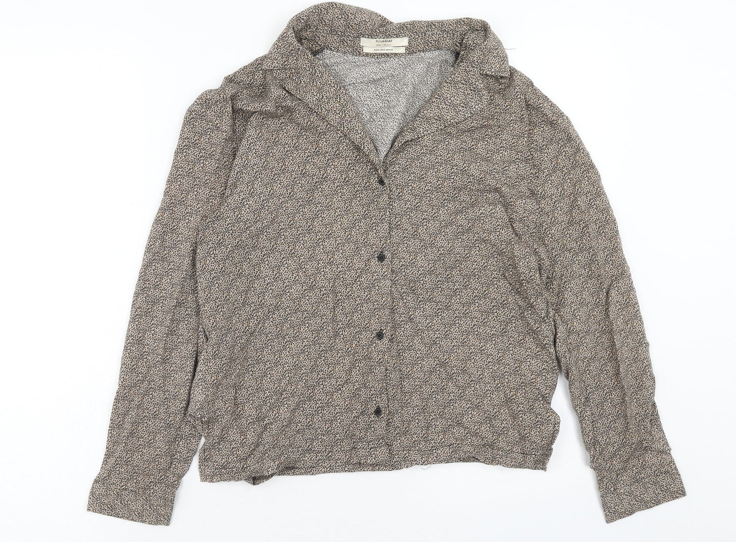 Pull&Bear Womens Brown Animal Print Viscose Basic Button-Up Size S Collared - Leopard Print
