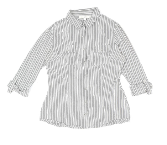 NEXT Womens Grey Striped Cotton Basic Button-Up Size 12 V-Neck