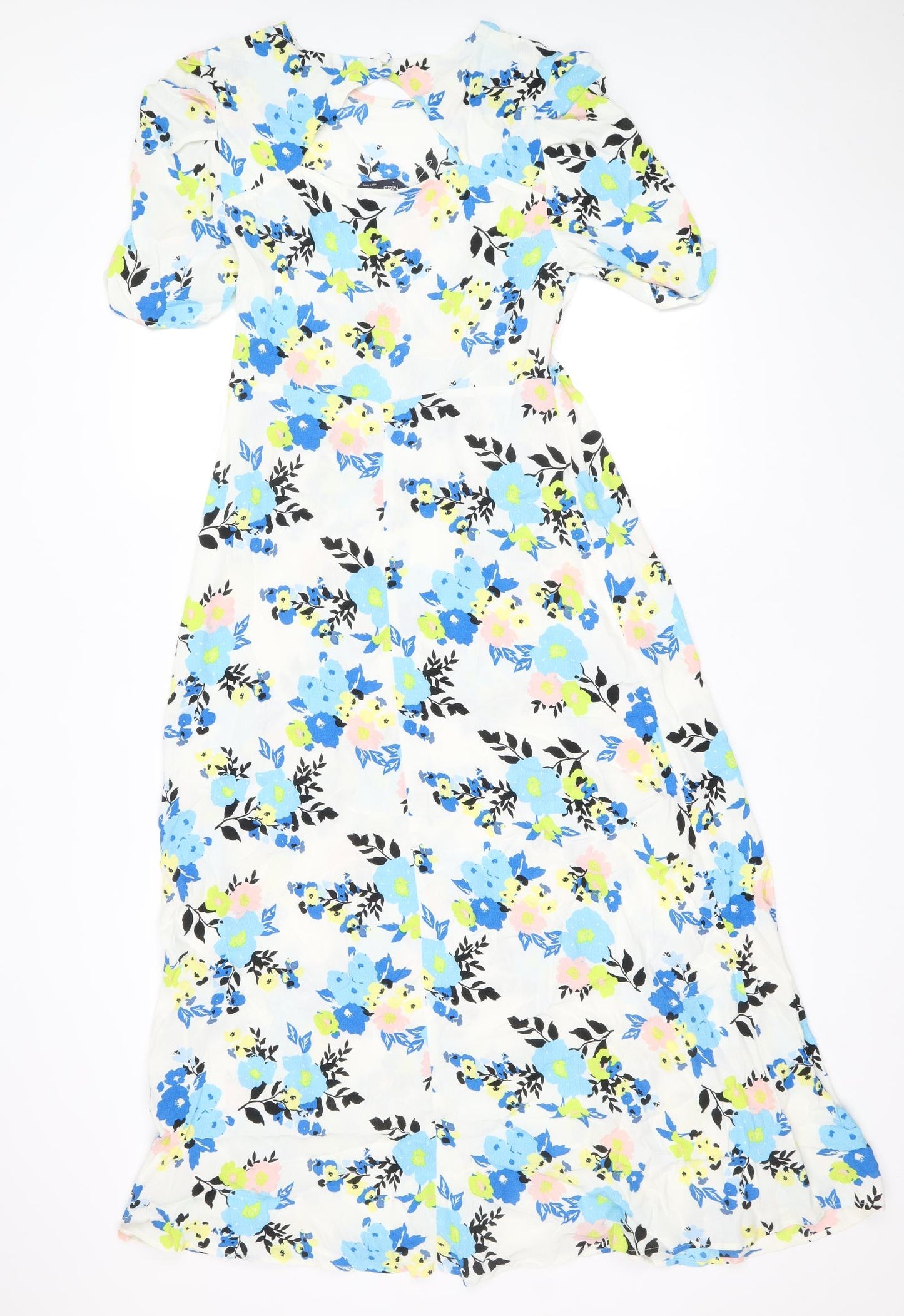 Marks and Spencer Womens White Floral Viscose A-Line Size 10 Boat Neck Zip