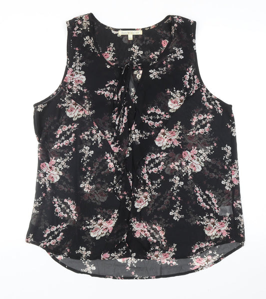 Daniel Rainn Womens Black Floral Polyester Basic Tank Size L Scoop Neck - Tie Neck