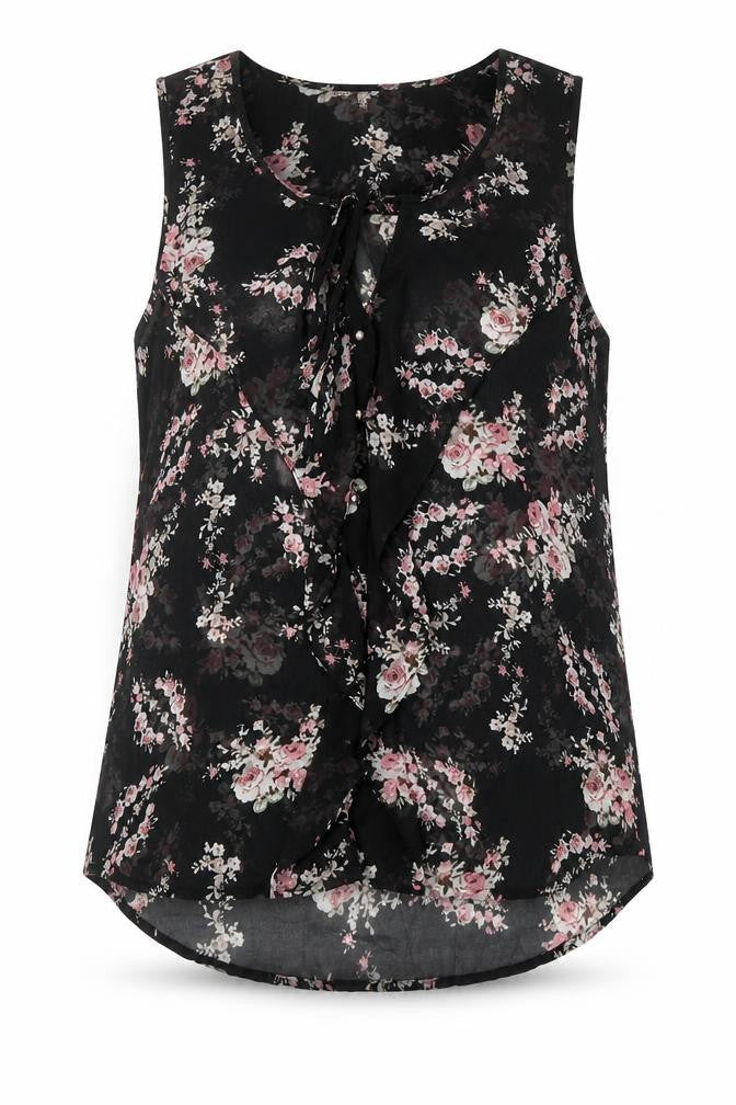 Daniel Rainn Womens Black Floral Polyester Basic Tank Size L Scoop Neck - Tie Neck