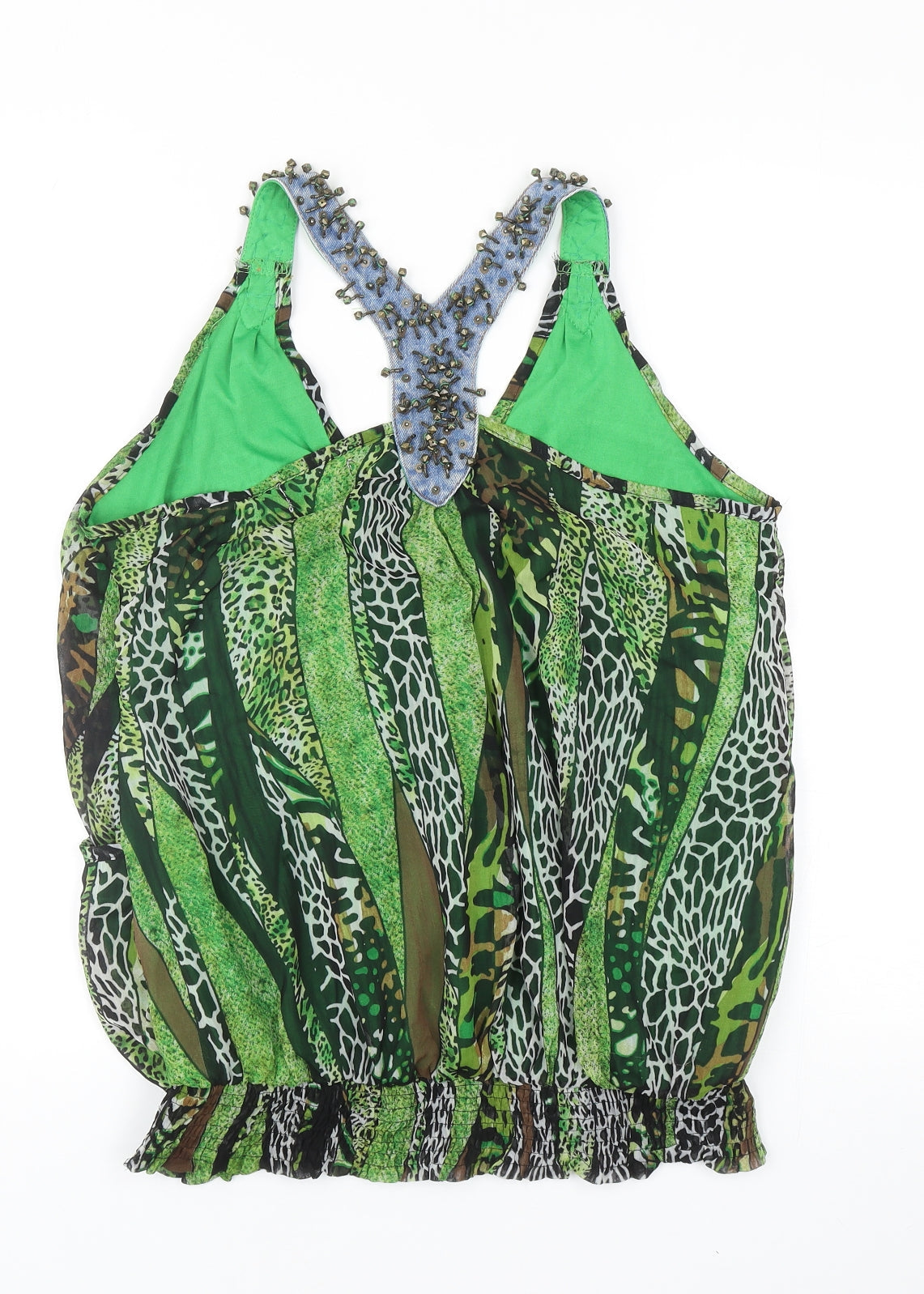 Jaune Rouge Womens Green Animal Print Polyester Wrap Tank Size M V-Neck - Leopard Print Faux Wrap Racerback