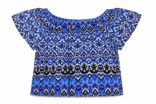 M&Co Womens Blue Geometric Polyester Basic T-Shirt Size S Boat Neck
