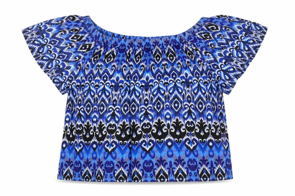 M&Co Womens Blue Geometric Polyester Basic T-Shirt Size S Boat Neck