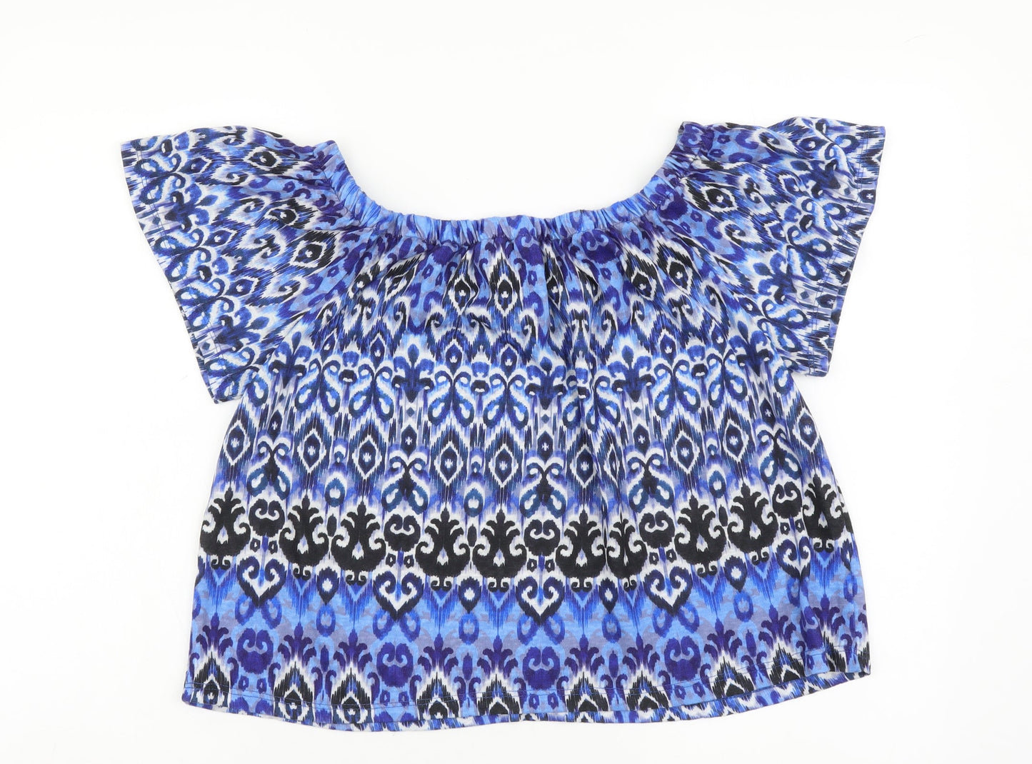 M&Co Womens Blue Geometric Polyester Basic T-Shirt Size S Boat Neck