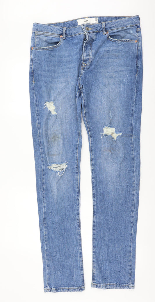 Topman Mens Blue Cotton Straight Jeans Size 34 in L34 in Regular Button