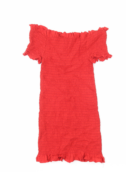 Milk It Womens Red Viscose Sheath Size L Off the Shoulder Pullover - Shirred