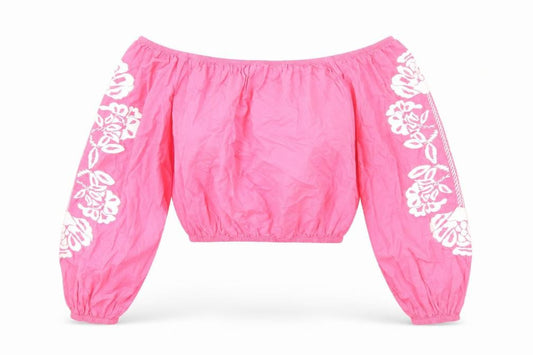 Marks and Spencer Womens Pink Cotton Cropped Blouse Size 14 Off the Shoulder