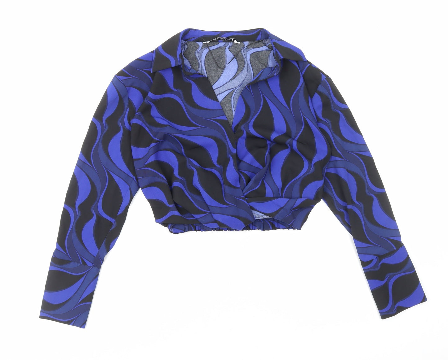 Zara Womens Blue Geometric Polyester Cropped Blouse Size XS Collared - Faux Wrap
