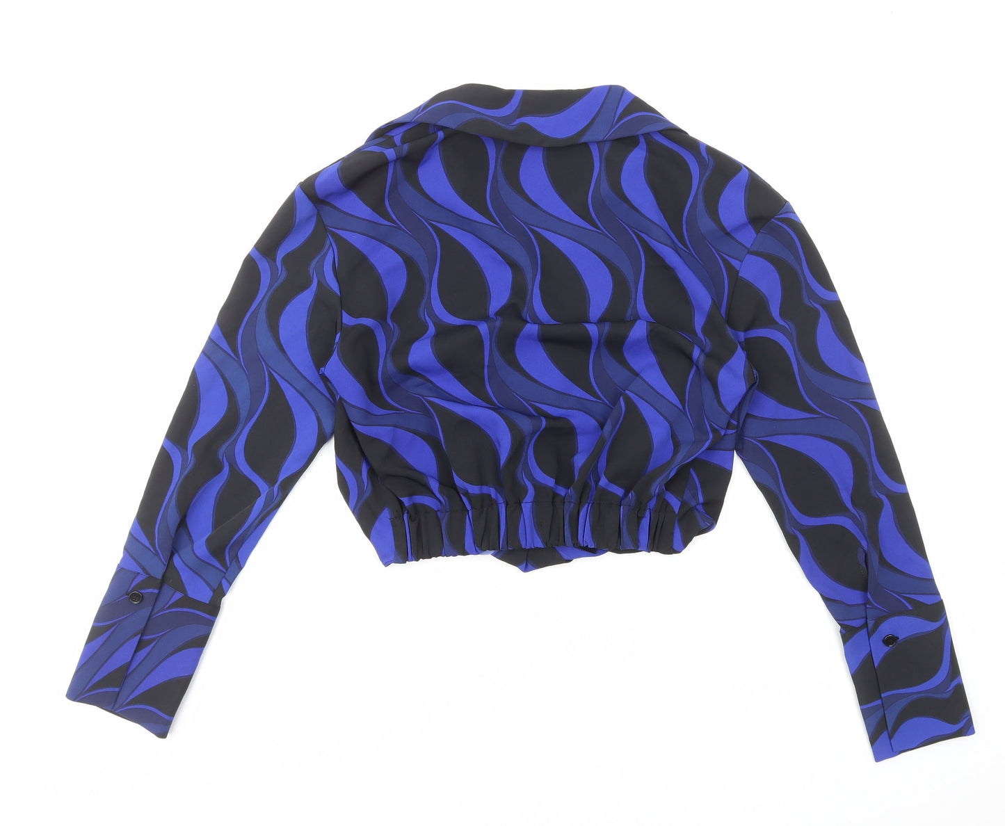 Zara Womens Blue Geometric Polyester Cropped Blouse Size XS Collared - Faux Wrap