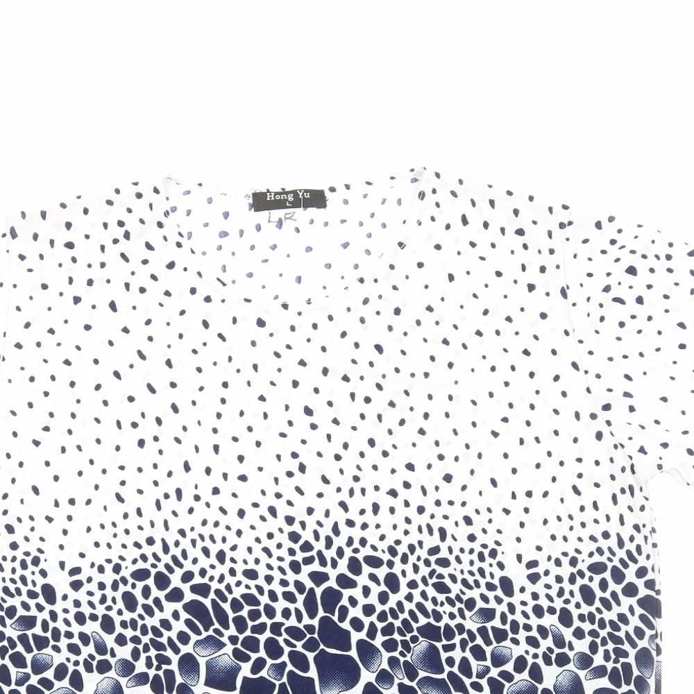 Hong Yu Womens Blue Geometric Polyester Basic T-Shirt Size L Crew Neck