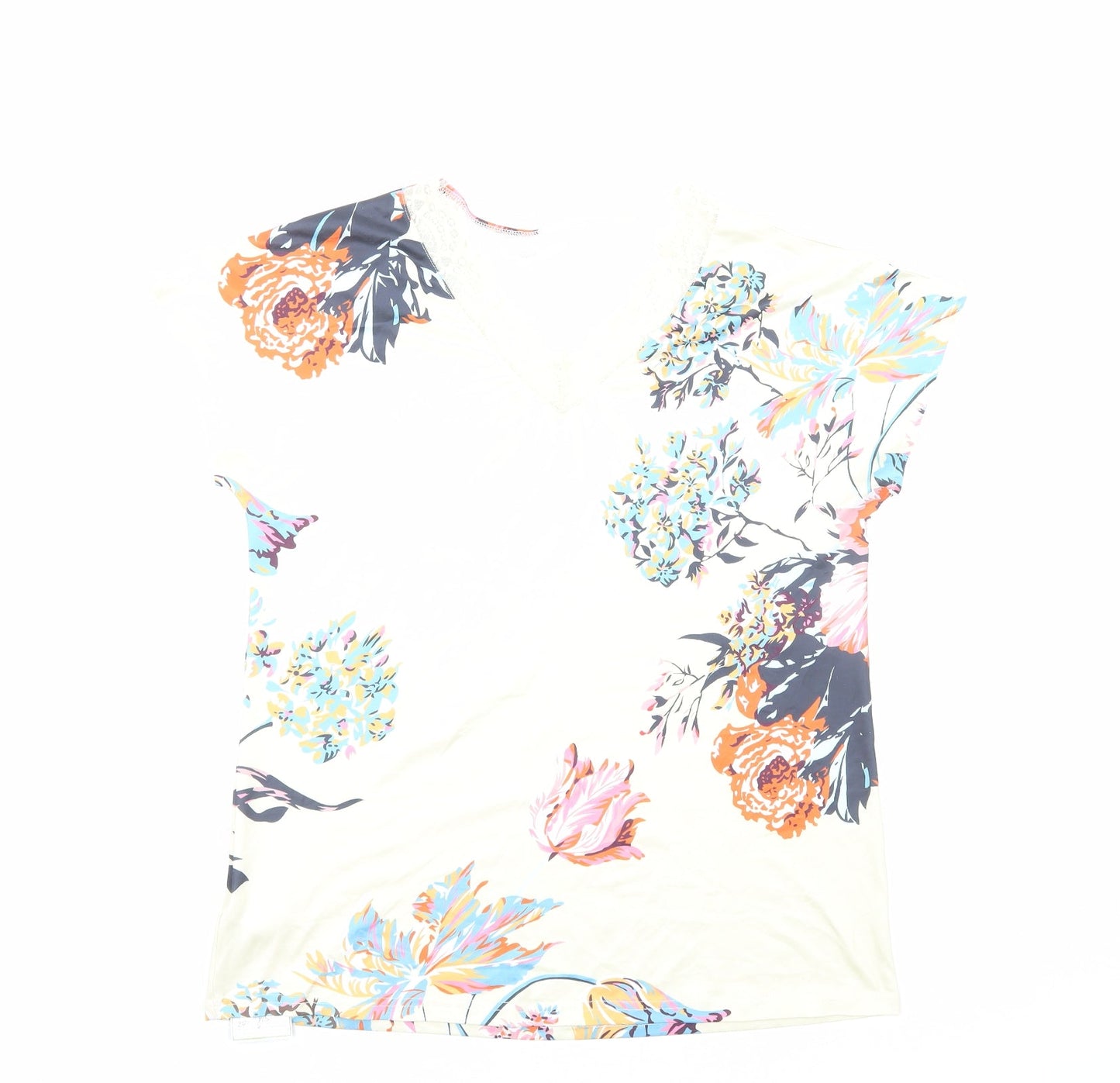 Preworn Womens Ivory Floral Polyester Basic T-Shirt Size M V-Neck - Lace Trim