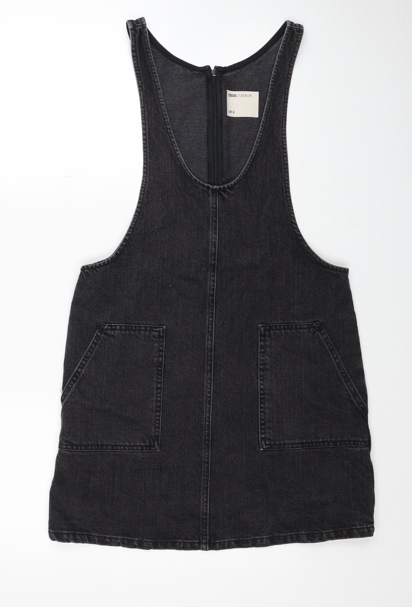 ASOS Womens Black Cotton Pinafore/Dungaree Dress Size 6 Scoop Neck Zip