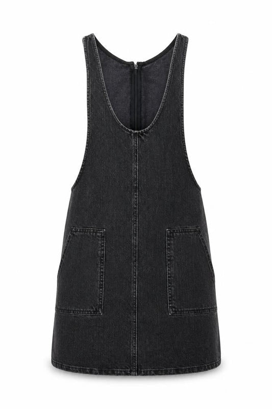 ASOS Womens Black Cotton Pinafore/Dungaree Dress Size 6 Scoop Neck Zip