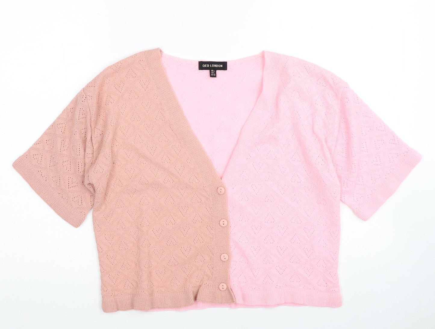 QED London Womens Pink V-Neck Geometric Acrylic Cardigan Jumper Size L