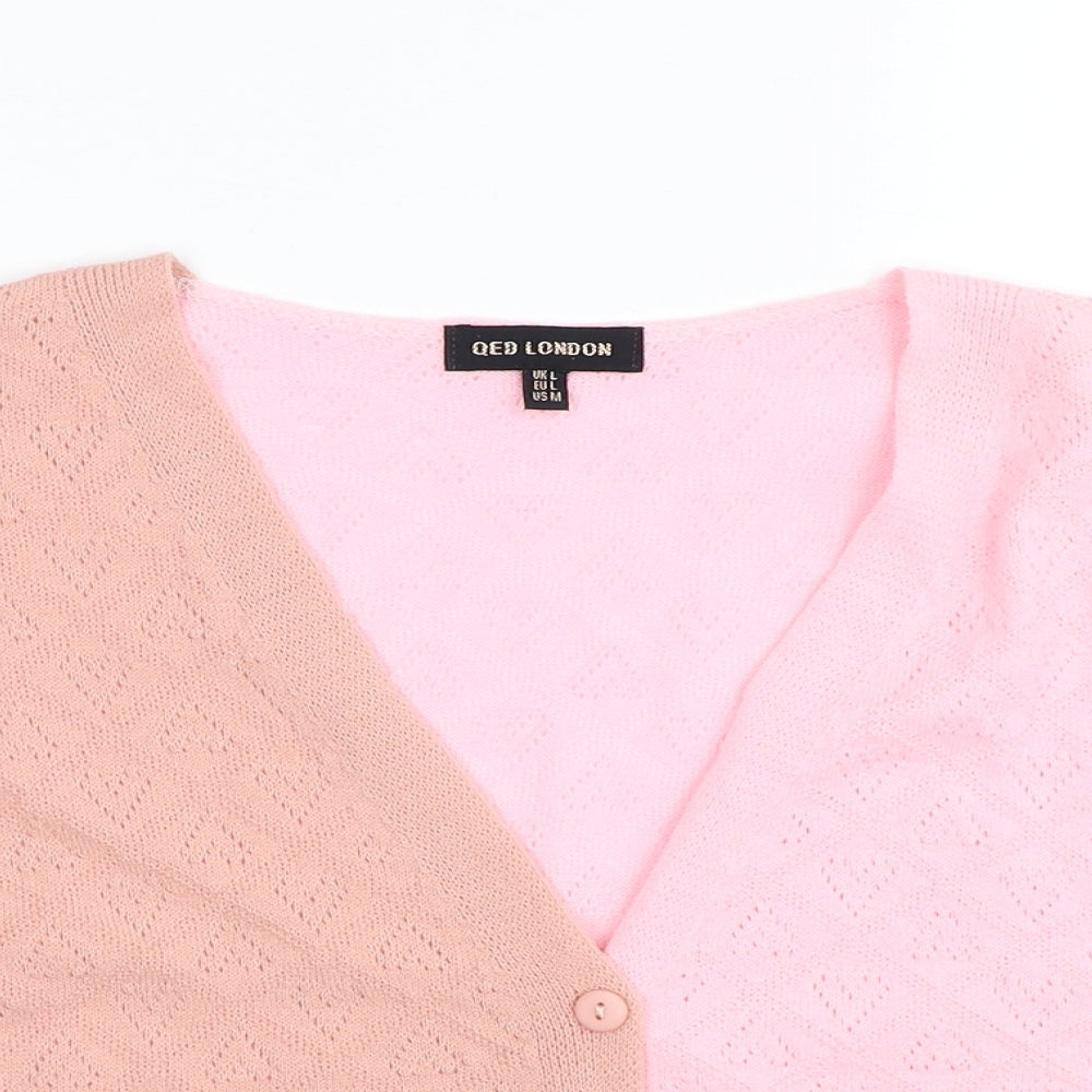 QED London Womens Pink V-Neck Geometric Acrylic Cardigan Jumper Size L