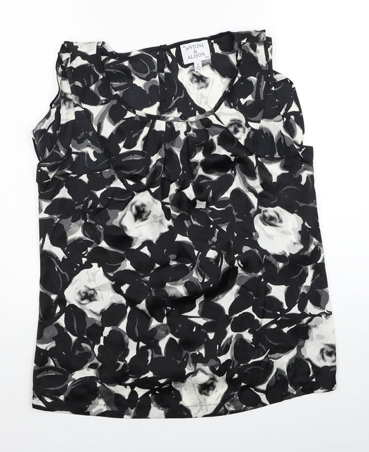 Antoni & Alison Womens Black Floral Polyester Basic Button-Up Size M Round Neck