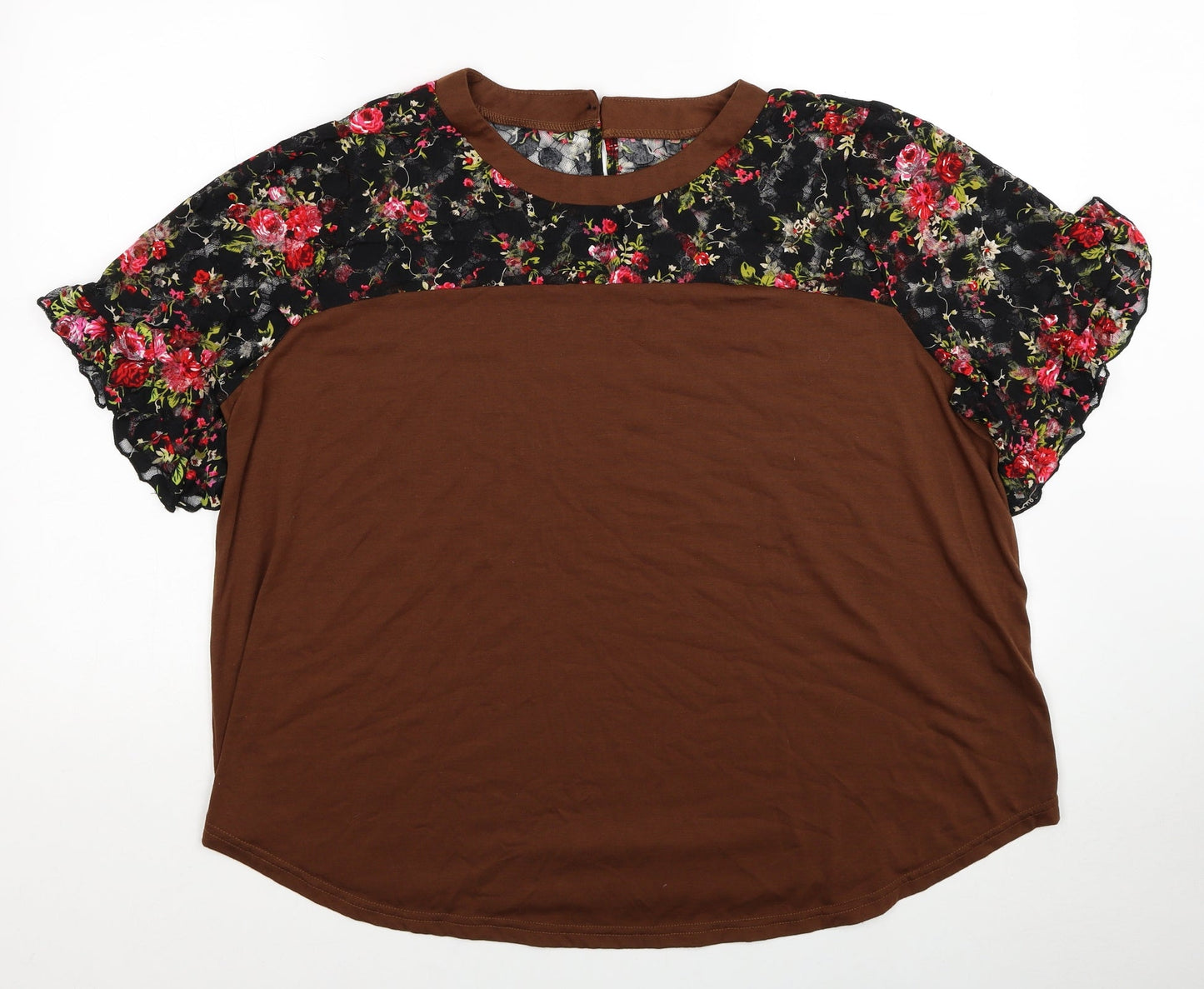 SheIn Womens Brown Floral Polyester Basic T-Shirt Size 2XL Round Neck