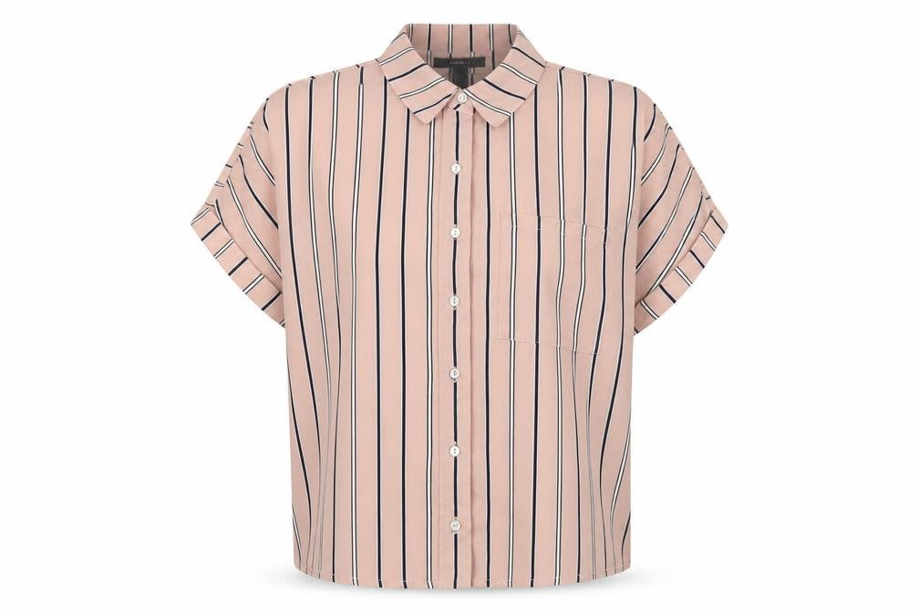 FOREVER 21 Womens Pink Striped Polyester Basic Button-Up Size S Collared - Box Fit Shirt