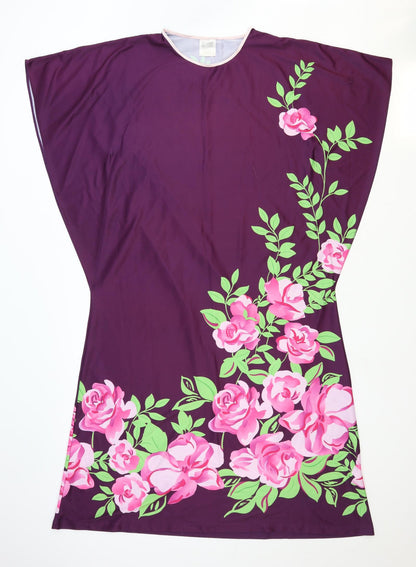 Womens Purple Floral Polyester A-Line Size 12 Round Neck Pullover