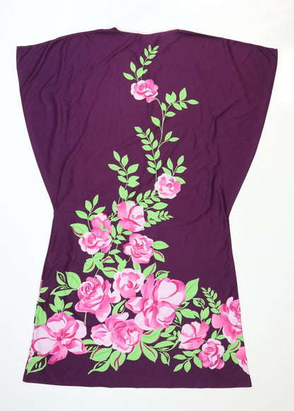 Womens Purple Floral Polyester A-Line Size 12 Round Neck Pullover