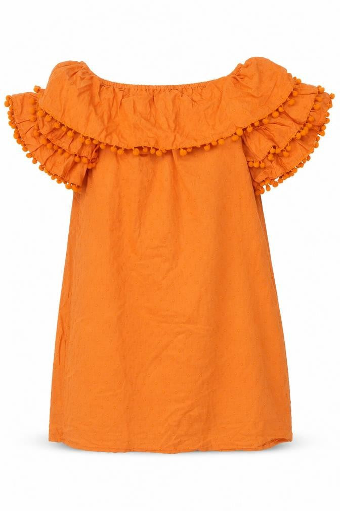 PRETTYLITTLETHING Womens Orange 100% Cotton Mini Size 4 Off the Shoulder Pullover - Pom Poms