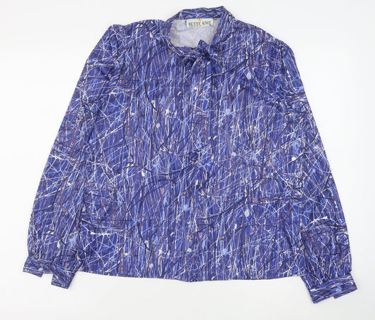 Butte Knit Womens Blue Geometric Polyester Basic Button-Up Size 14 Round Neck