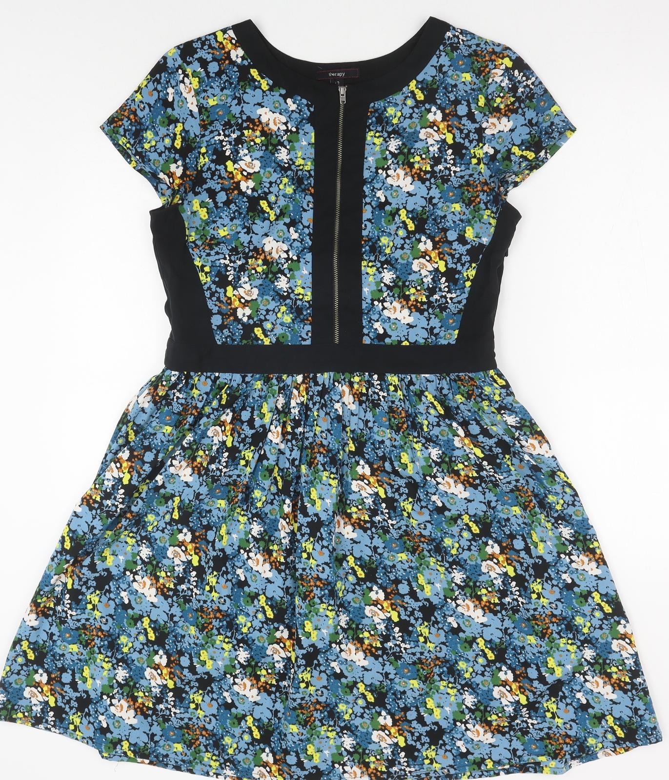 Therapy Womens Blue Floral Polyester Fit & Flare Size 12 Round Neck Zip