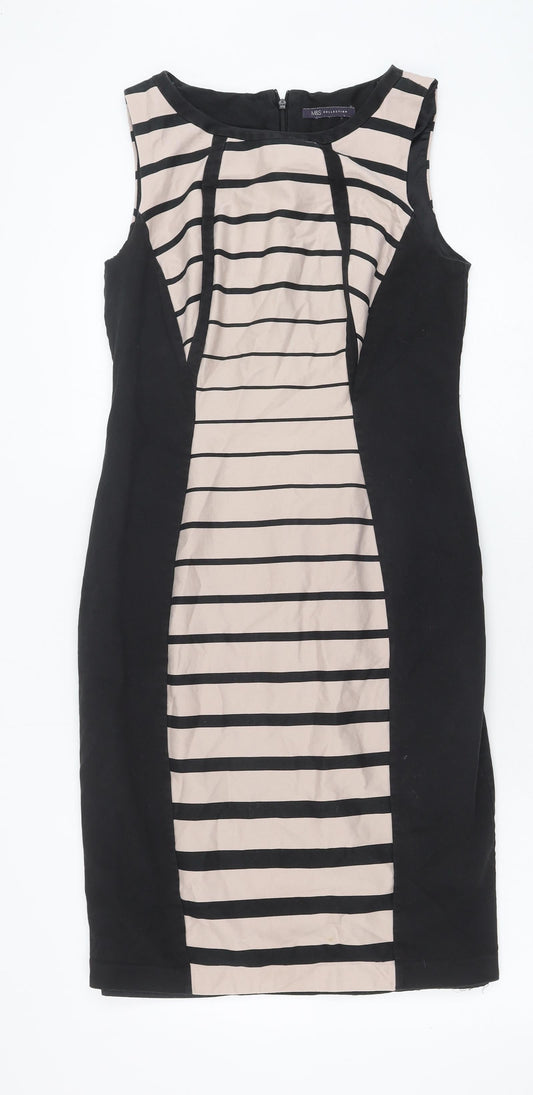 Marks and Spencer Womens Black Striped Cotton Pencil Dress Size 12 Round Neck Zip